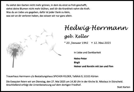 Anzeige von Hedwig Herrmann von Kölner Stadt-Anzeiger / Kölnische Rundschau / Express