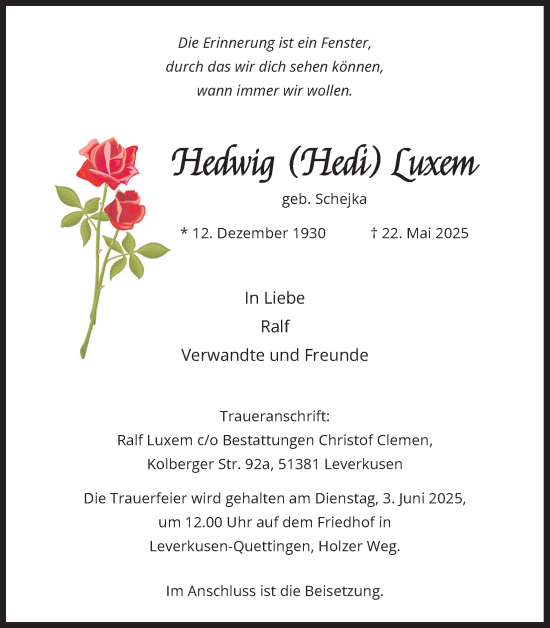 Anzeige von Hedwig Luxem von Kölner Stadt-Anzeiger / Kölnische Rundschau / Express