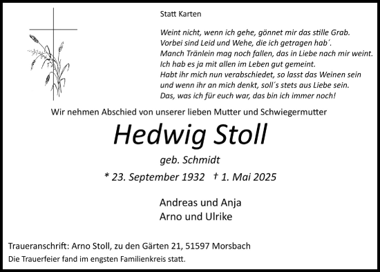 Anzeige von Hedwig Stoll von  Lokalanzeiger 