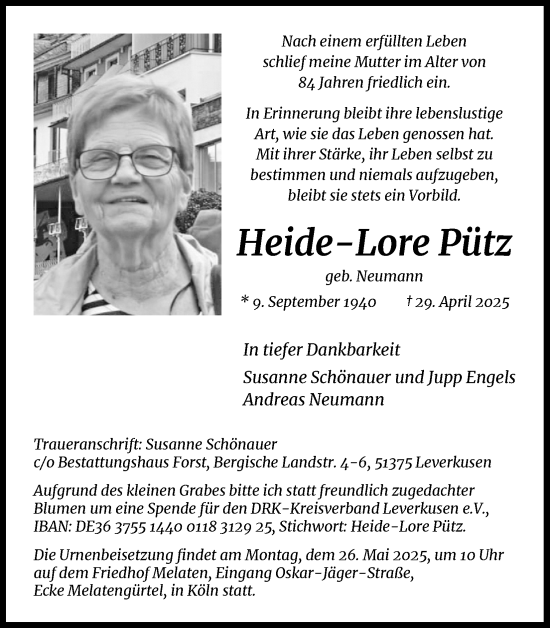 Anzeige von Heide-Lore Pütz von Kölner Stadt-Anzeiger / Kölnische Rundschau / Express