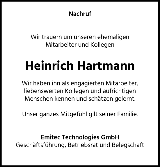 Anzeige von Heinrich Hartmann von Kölner Stadt-Anzeiger / Kölnische Rundschau / Express