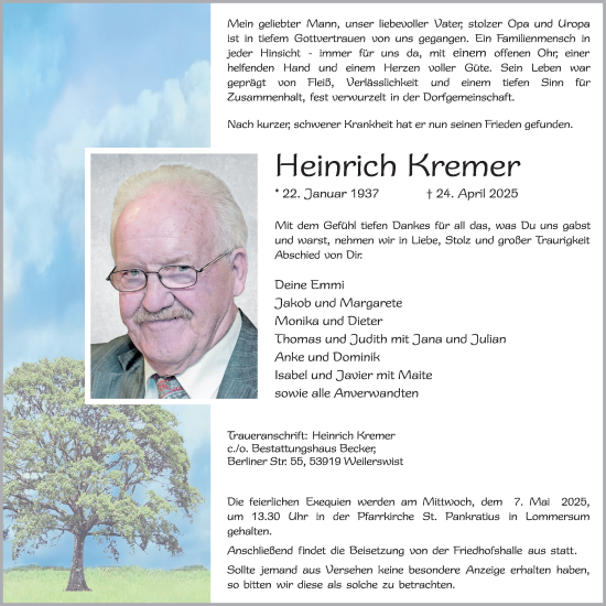 Anzeige von Heinrich Kremer von Kölner Stadt-Anzeiger / Kölnische Rundschau / Express