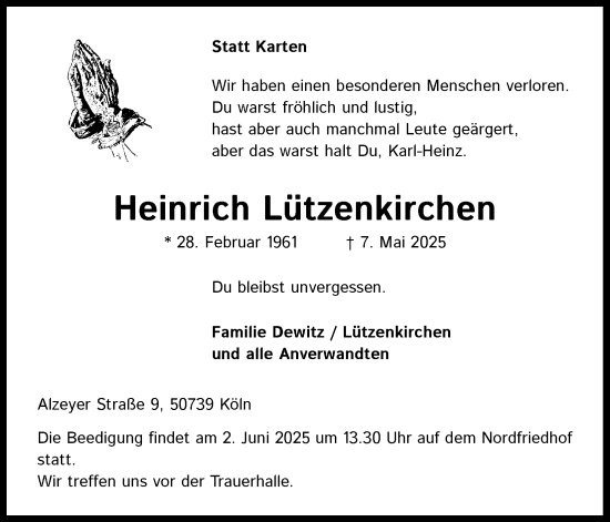 Anzeige von Heinrich Lützenkirchen von Kölner Stadt-Anzeiger / Kölnische Rundschau / Express