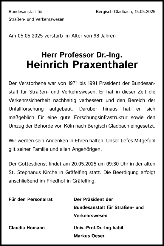 Anzeige von Heinrich Praxenthaler von Kölner Stadt-Anzeiger / Kölnische Rundschau / Express