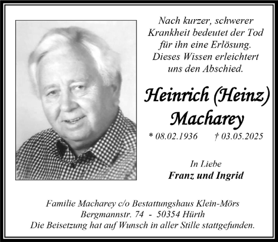 Anzeige von Heinz Macharey von  Wochenende 
