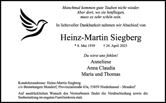 Anzeige von Heinz-Martin Siegberg von Kölner Stadt-Anzeiger / Kölnische Rundschau / Express