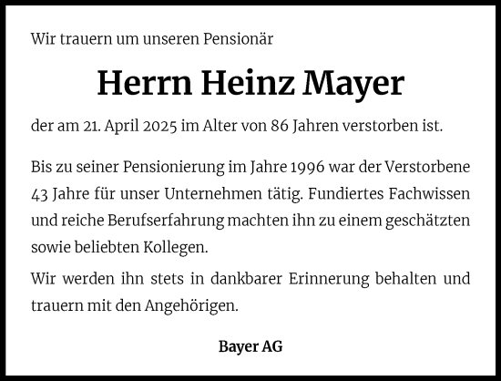 Anzeige von Heinz Mayer von Kölner Stadt-Anzeiger / Kölnische Rundschau / Express