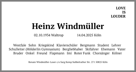 Anzeige von Heinz Windmüller von Kölner Stadt-Anzeiger / Kölnische Rundschau / Express