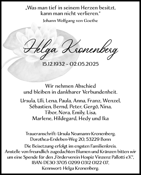 Anzeige von Helga Kronenberg von Kölner Stadt-Anzeiger / Kölnische Rundschau / Express