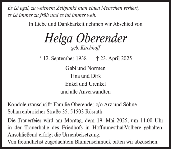 Anzeige von Helga Oberender von  Bergisches Handelsblatt 