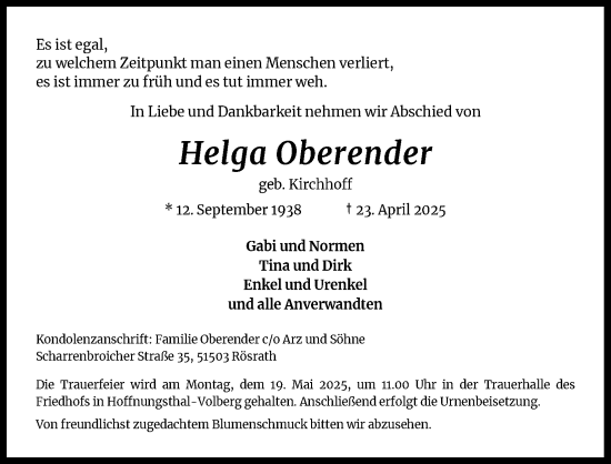 Anzeige von Helga Oberender von Kölner Stadt-Anzeiger / Kölnische Rundschau / Express