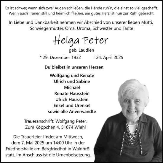 Anzeige von Helga Peter von  Lokalanzeiger 