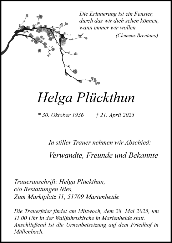 Anzeige von Helga Plückthun von  Anzeigen Echo 