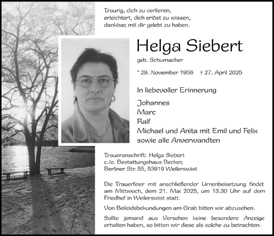 Anzeige von Helga Siebert von  Blickpunkt Euskirchen 