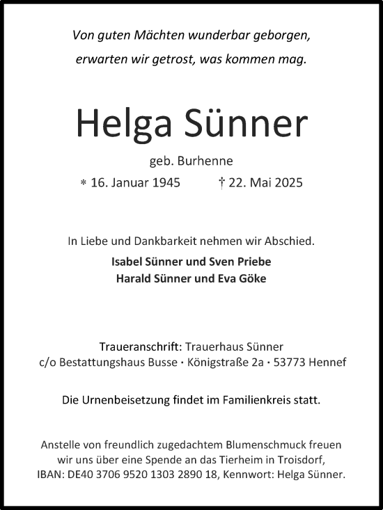 Anzeige von Helga Sünner von Kölner Stadt-Anzeiger / Kölnische Rundschau / Express