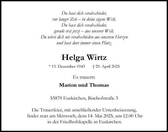 Anzeige von Helga Wirtz von  Blickpunkt Euskirchen 