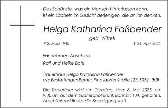 Anzeige von Helga Katharina Faßbender von  Schlossbote/Werbekurier 