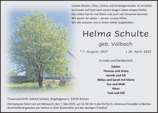 Anzeige von Helma Schulte von Kölner Stadt-Anzeiger / Kölnische Rundschau / Express