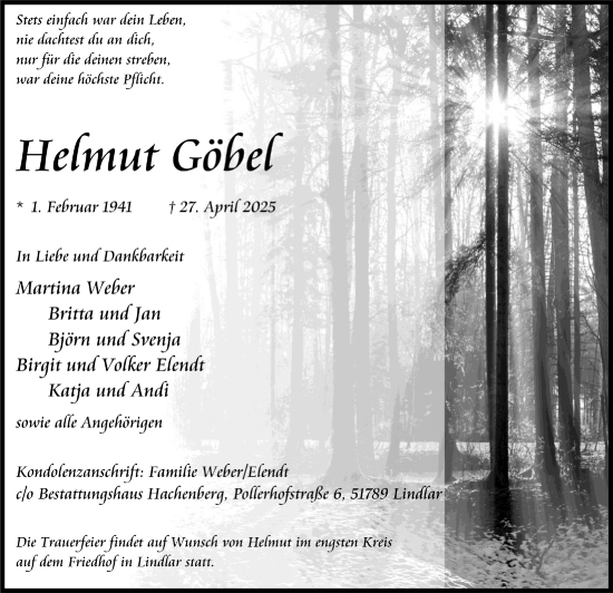 Anzeige von Helmut Göbel von  Anzeigen Echo 