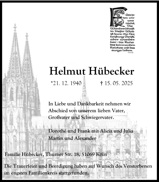 Anzeige von Helmut Hübecker von Kölner Stadt-Anzeiger / Kölnische Rundschau / Express
