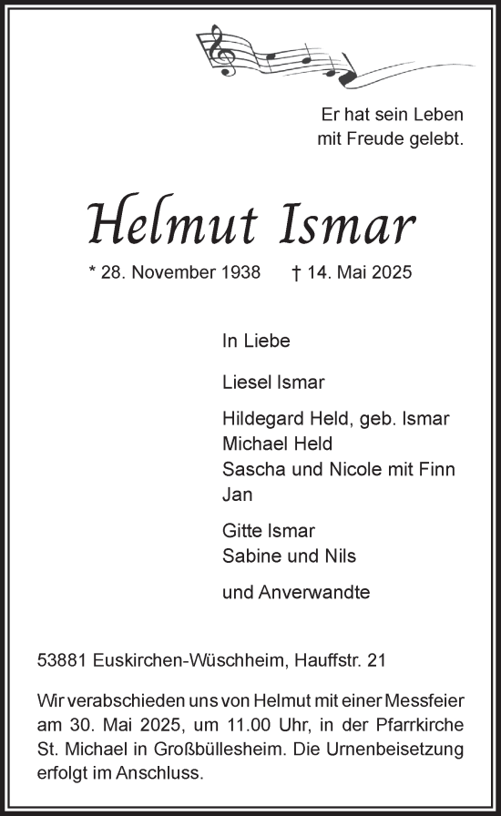 Anzeige von Helmut Ismar von  Blickpunkt Euskirchen 