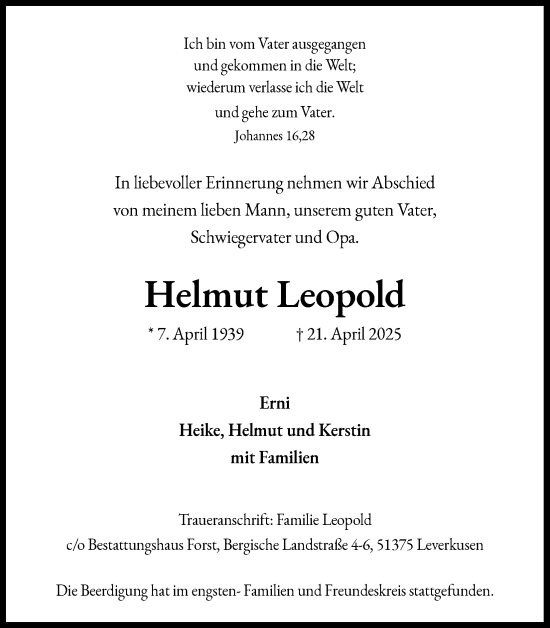 Anzeige von Helmut Leopold von Kölner Stadt-Anzeiger / Kölnische Rundschau / Express