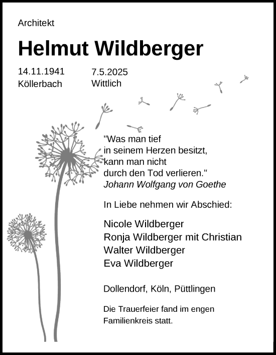 Anzeige von Helmut Wildberger von Kölner Stadt-Anzeiger / Kölnische Rundschau / Express