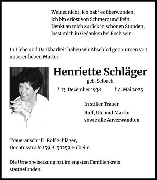 Anzeige von Henriette Schläger von Kölner Stadt-Anzeiger / Kölnische Rundschau / Express