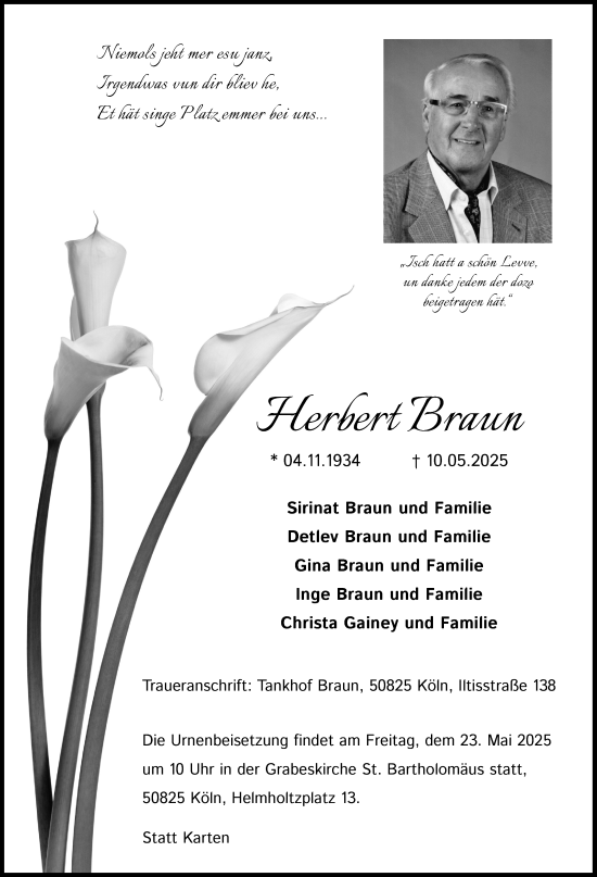 Anzeige von Herbert Braun von Kölner Stadt-Anzeiger / Kölnische Rundschau / Express