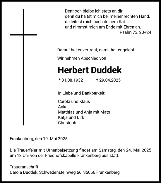 Anzeige von Herbert Duddek von Kölner Stadt-Anzeiger / Kölnische Rundschau / Express