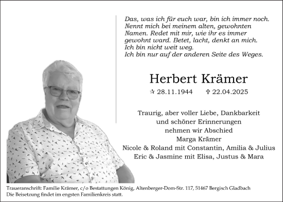 Anzeige von Herbert Krämer von  Bergisches Handelsblatt 