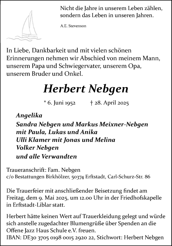 Anzeige von Herbert Nebgen von Kölner Stadt-Anzeiger / Kölnische Rundschau / Express