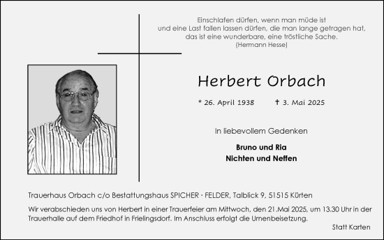 Anzeige von Herbert Orbach von Kölner Stadt-Anzeiger / Kölnische Rundschau / Express