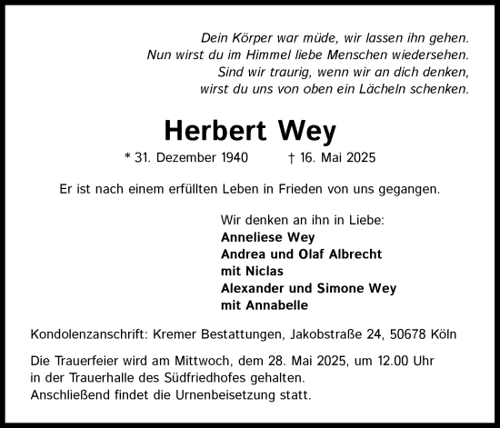 Anzeige von Herbert Wey von Kölner Stadt-Anzeiger / Kölnische Rundschau / Express