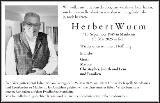 Anzeige von Herbert Wurm von  Werbepost 