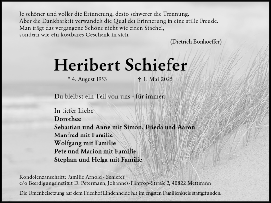Anzeige von Heribert Schiefer von Kölner Stadt-Anzeiger / Kölnische Rundschau / Express