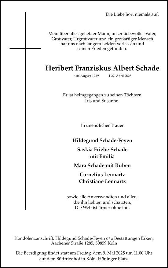 Anzeige von Heribert Franziskus Albert Schade von Kölner Stadt-Anzeiger / Kölnische Rundschau / Express