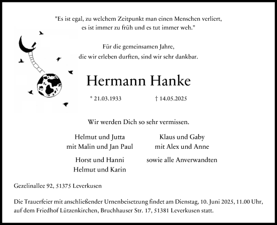 Anzeige von Hermann Hanke von Kölner Stadt-Anzeiger / Kölnische Rundschau / Express