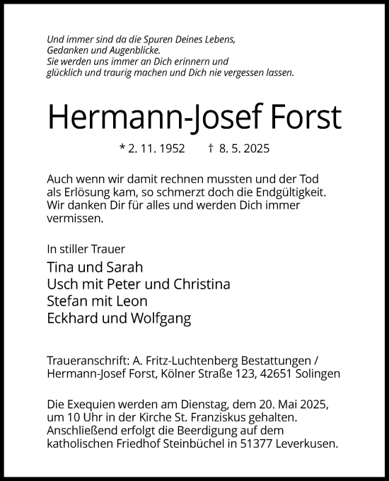 Anzeige von Hermann-Josef Forst von Kölner Stadt-Anzeiger / Kölnische Rundschau / Express