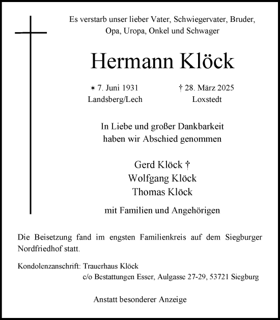 Anzeige von Hermann Klöck von Kölner Stadt-Anzeiger / Kölnische Rundschau / Express