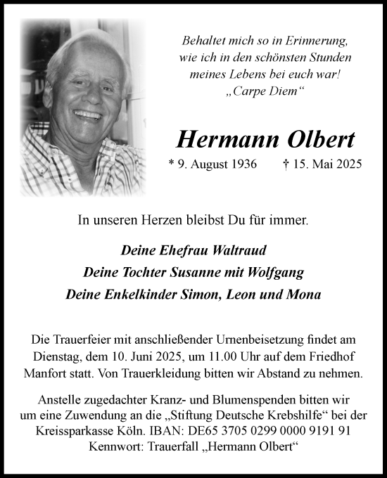 Anzeige von Hermann Olbert von Kölner Stadt-Anzeiger / Kölnische Rundschau / Express