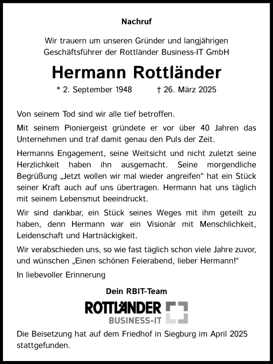 Anzeige von Hermann Rottländer von Kölner Stadt-Anzeiger / Kölnische Rundschau / Express