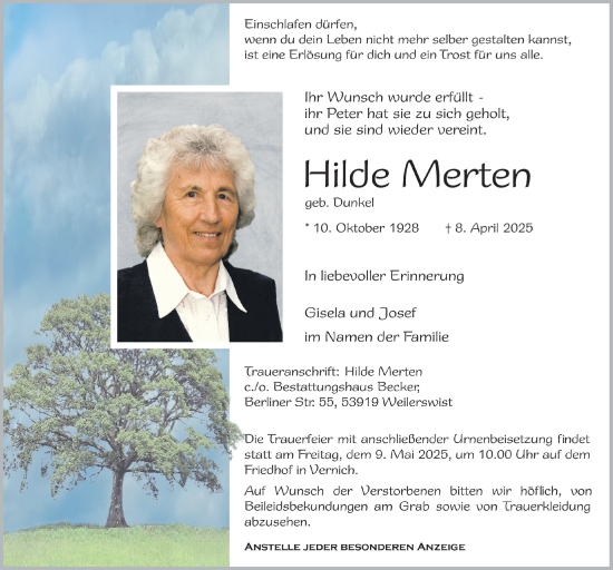 Anzeige von Hilde Merten von  Blickpunkt Euskirchen 