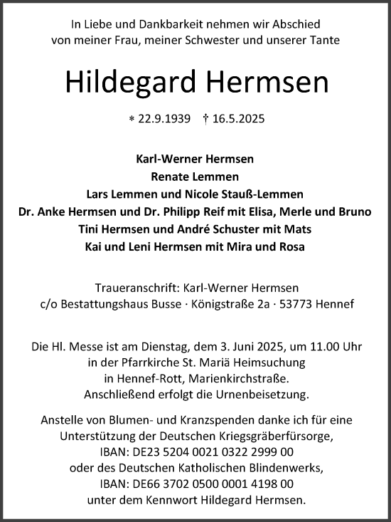 Anzeige von Hildegard Hermsen von Kölner Stadt-Anzeiger / Kölnische Rundschau / Express