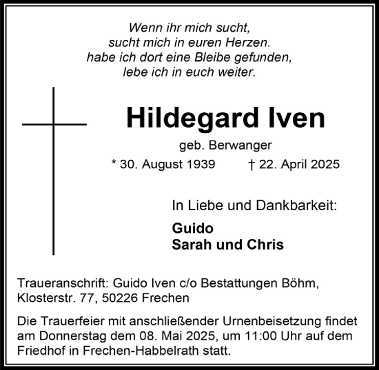 Anzeige von Hildegard Iven von  Wochenende 
