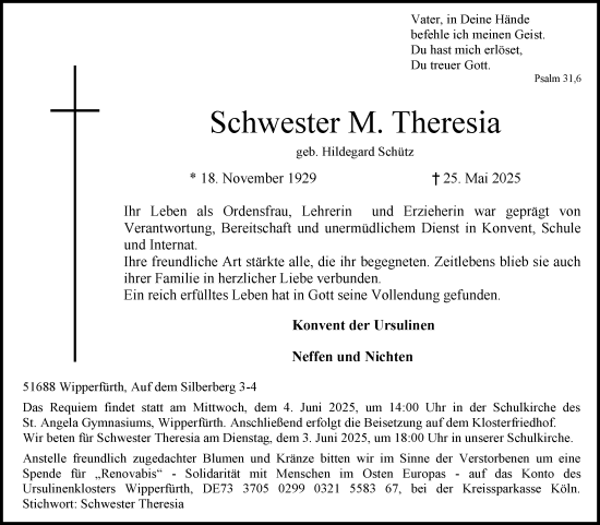 Anzeige von Hildegard Schütz von Kölner Stadt-Anzeiger / Kölnische Rundschau / Express
