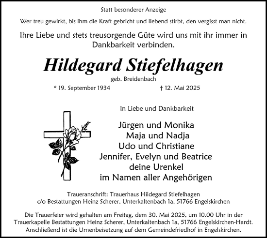 Anzeige von Hildegard Stiefelhagen von  Anzeigen Echo 