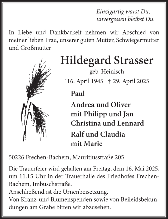 Anzeige von Hildegard Strasser von  Wochenende 
