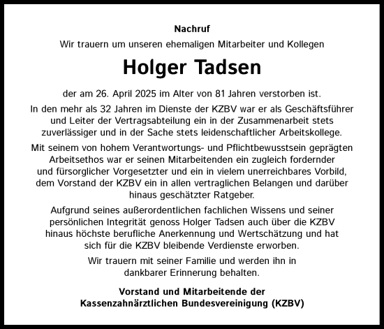 Anzeige von Holger Tadsen von Kölner Stadt-Anzeiger / Kölnische Rundschau / Express
