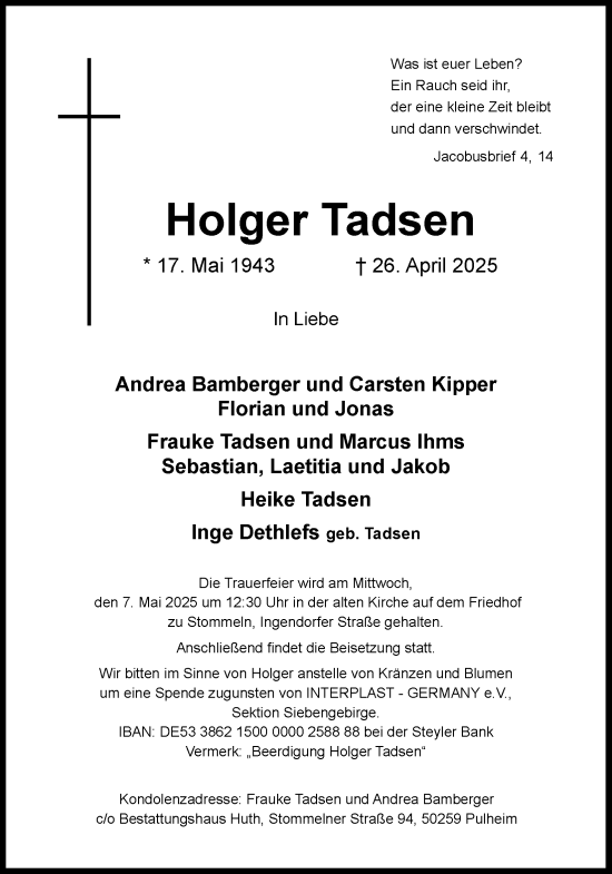 Anzeige von Holger Tadsen von Kölner Stadt-Anzeiger / Kölnische Rundschau / Express